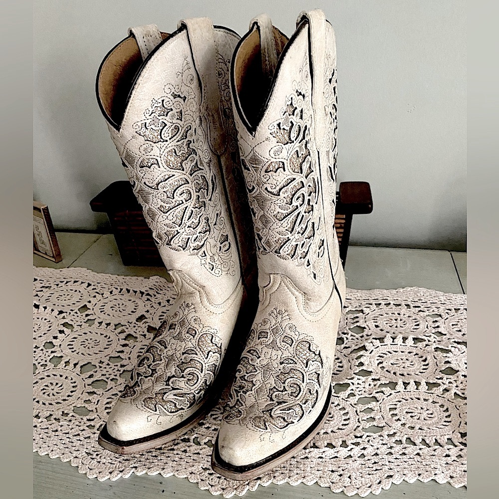 Vintage , Leather Cowboy Boots with Cutouts Patterns and Glitter